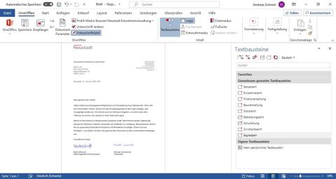 Die OneOffixx-Registerkarte in Word mit geöffnetem Textbaustein-Bereich