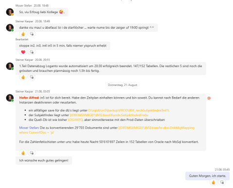 Chatverlauf vom Go-live Prozess des verantwortlichen Teams