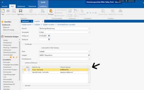 innosolv Emailadressenauswahl innerhalb der Maske Versanddefinitionen verwalten